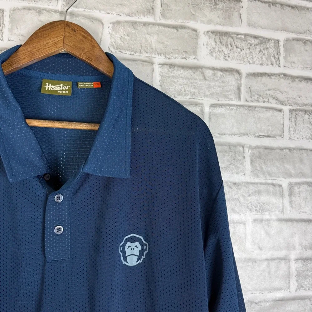 Howler Bros Mens XXL Navy Blue Mesh Short Sleeve Polo Shirt Monkey Logo Gorpcore - Picture 2 of 7